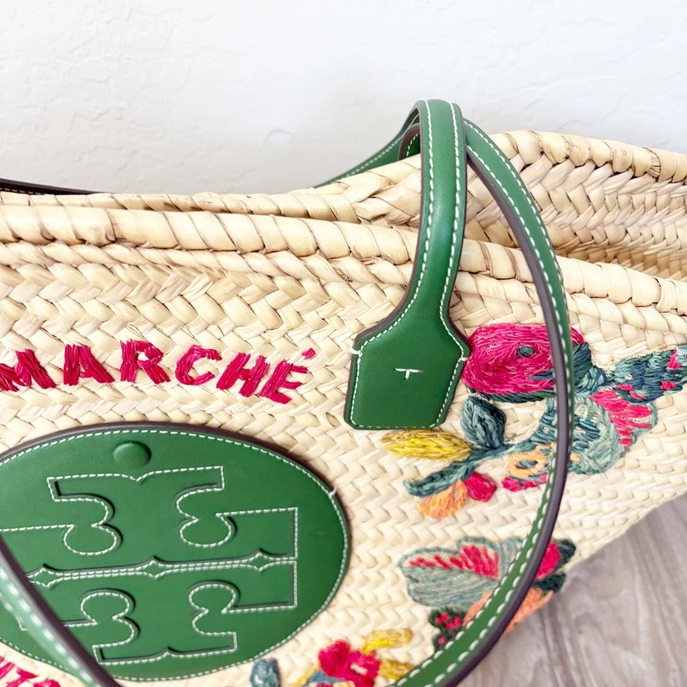 Tory Burch x Doum Womens Hand Woven Embroidered Fruit Ella Basket Tote Bag Large